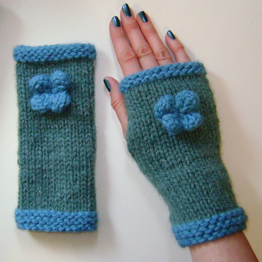 Fingerless Gloves Wrist Warmers Mittens in Dusky Green and Teal Blue with Flower