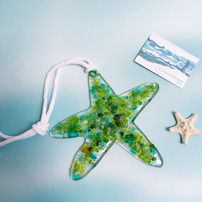 Fused Glass Starfish - On Rope - Greens & Transparent