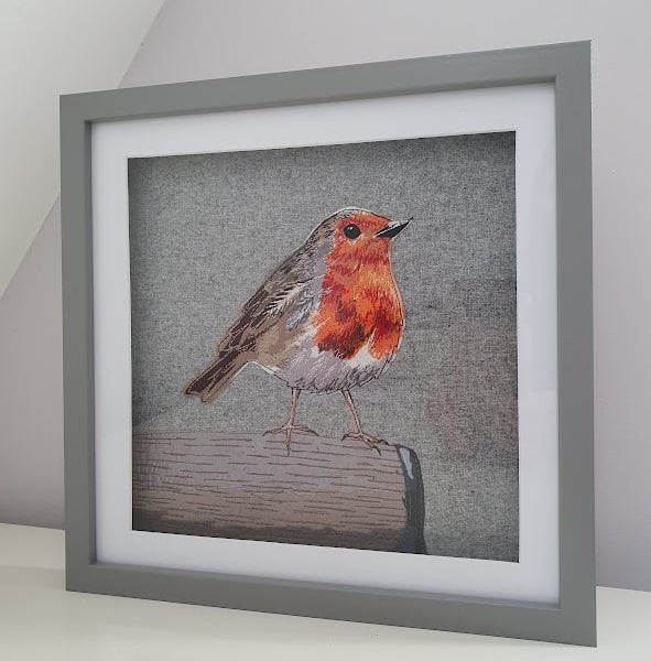 Robin on Spade - framed original embroidered artwork, fabric applique