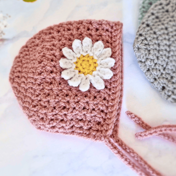 Crochet Baby Bonnet with Daisy - in Pale Rose - CLEARANCE 