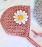 Crochet Baby Bonnet with Daisy - in Pale Rose - CLEARANCE 