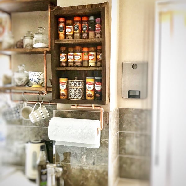 Timber Spice Shelves, with Kitchen Roll Holder, Handmade Rustic Timber, Pure Min