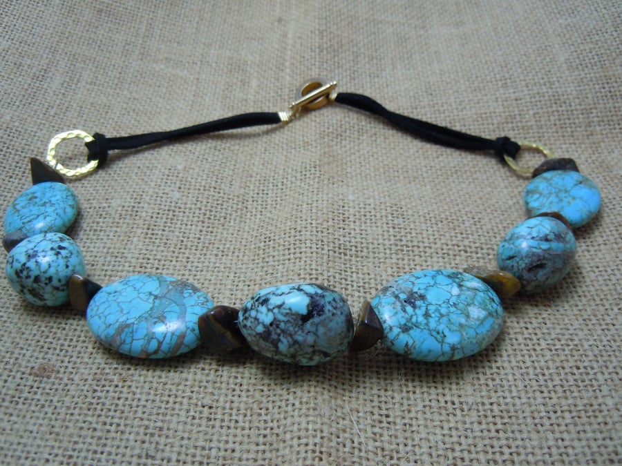 Chunky Turquoise & Tiger's Eye necklace with faux suede cord & gold plate clasp