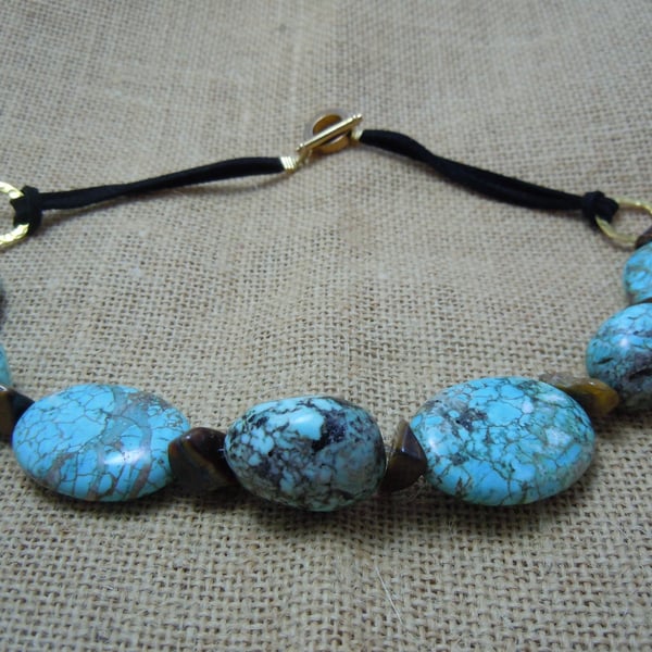 Chunky Turquoise & Tiger's Eye necklace with faux suede cord & gold plate clasp