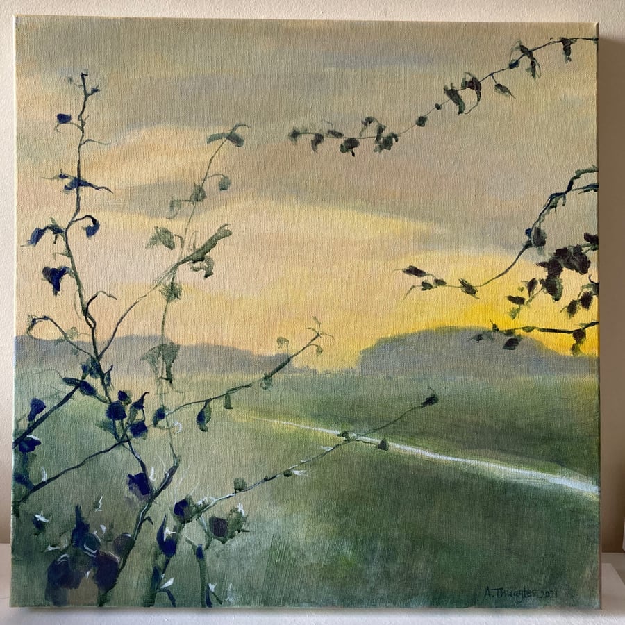 Original painting on canvas, Sunset through the hedge. Acrylic painting 