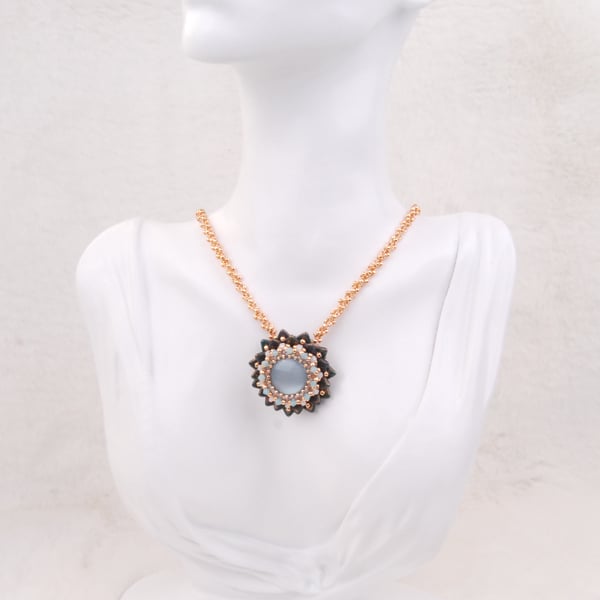 Beaded necklace, Handmade necklace, Flower necklace in blue white and rose gold