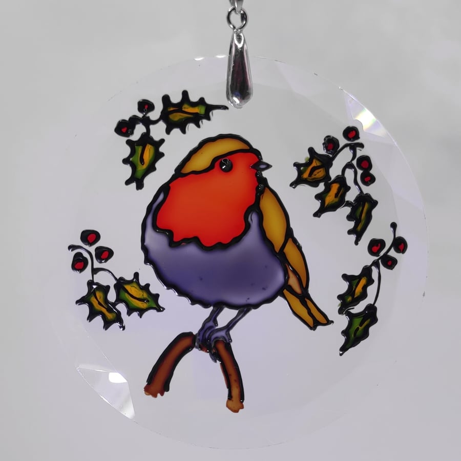 Handmade glass painted window hanging or Christmas tree bauble, robin