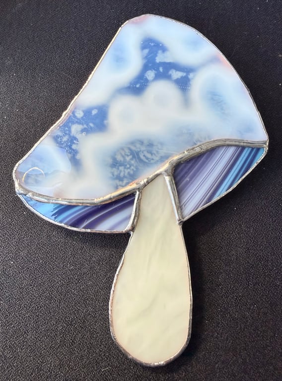 Stained glass mushroom - mottled white cap with blue and purple gills