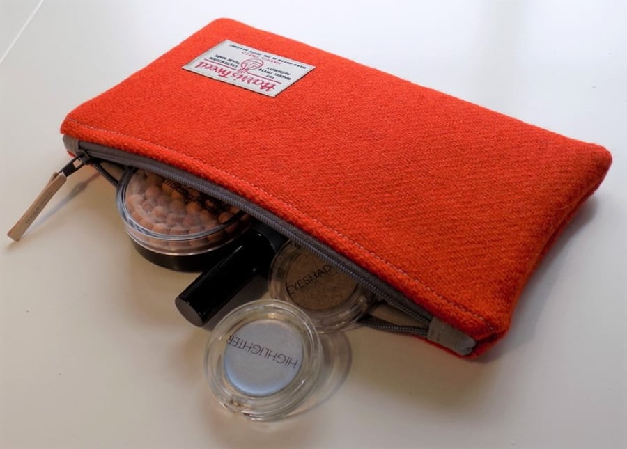 Harris Tweed clutch purse, padded pencil case, make-up bag in deep orange