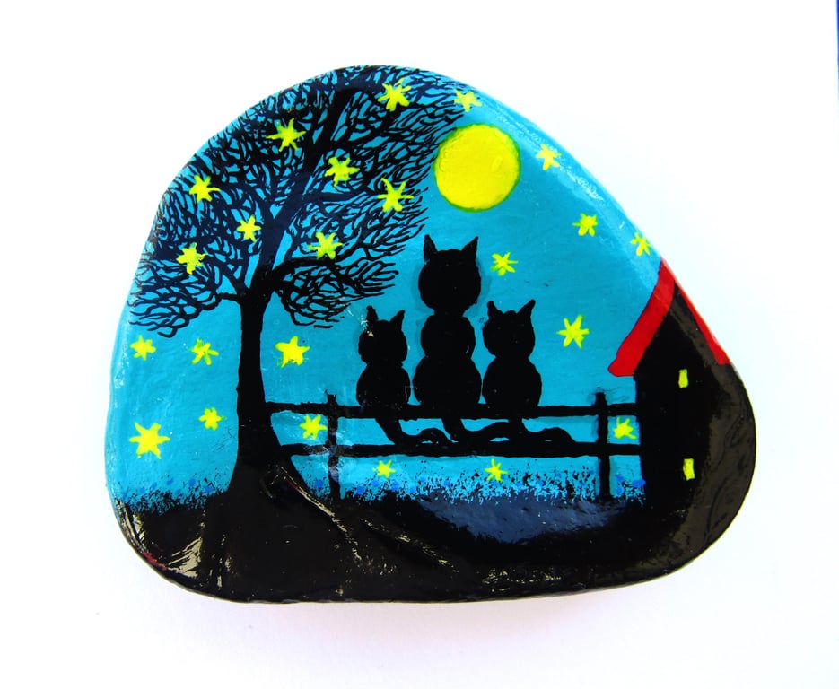 Three Cats Painted Shell, Moon Stars Tree Kittens, Seashell Magnet (optional)