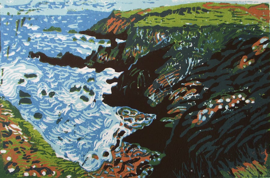 Mutton Cove, Cornwall - Original Hand Pressed Linocut Print on Paper Ltd Edition