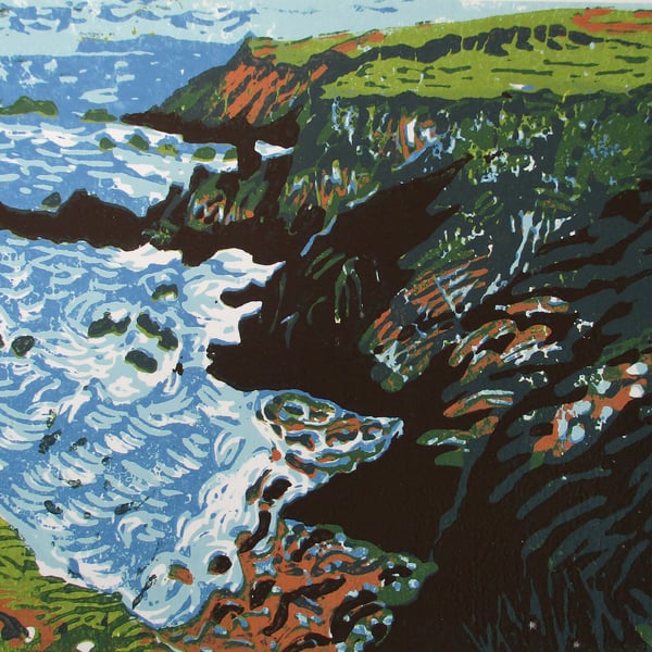 Mutton Cove, Cornwall - Original Hand Pressed Linocut Print on Paper Ltd Edition