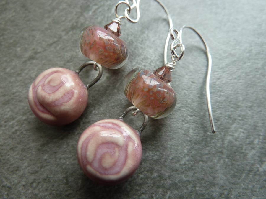 sterling silver earrings, pink lampwork glass, ceramic rose