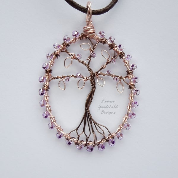 Rose Gold and lilac tree of life pendant necklace, unique wearable wire art