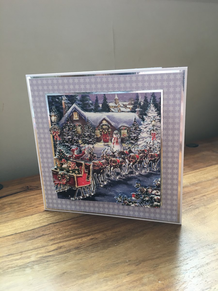 3D Santa Claus & Reindeer Christmas Card - Handmade Decoupage - Blank Inside