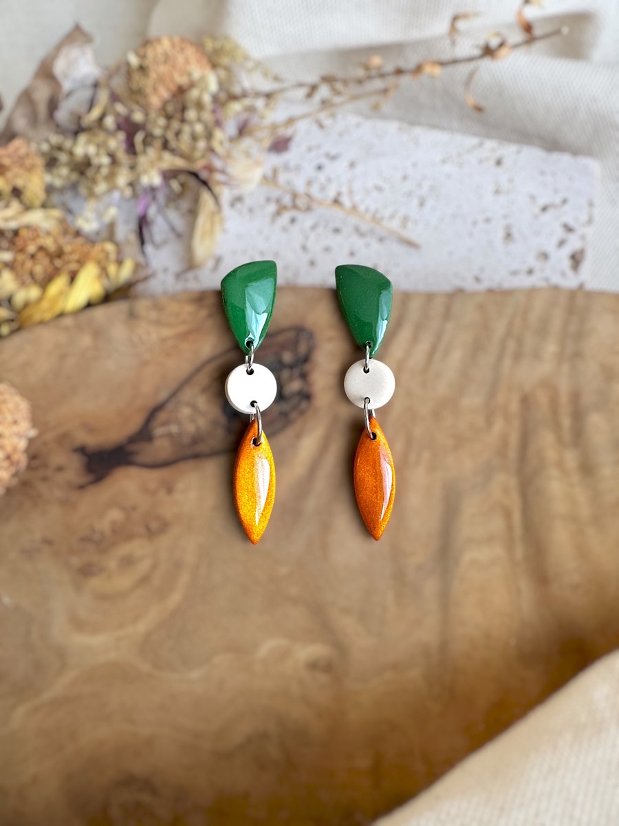 Autumns Forest Green & Shimmering Orange Leaf Tiered Polymer Clay Dangle Earring