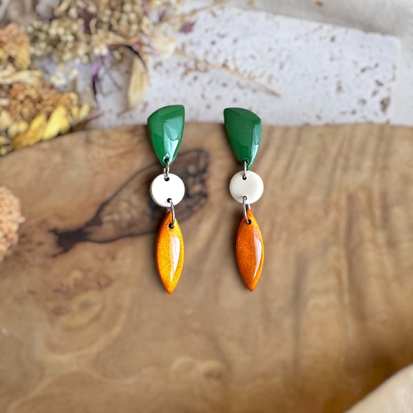 Autumns Forest Green & Shimmering Orange Leaf Tiered Polymer Clay Dangle Earring
