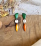 Autumns Forest Green & Shimmering Orange Leaf Tiered Polymer Clay Dangle Earring