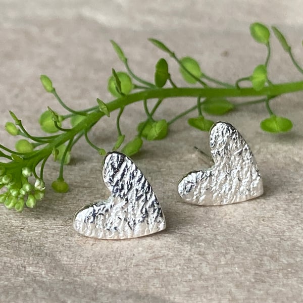 Handmade fine silver ripple heart stud earrings