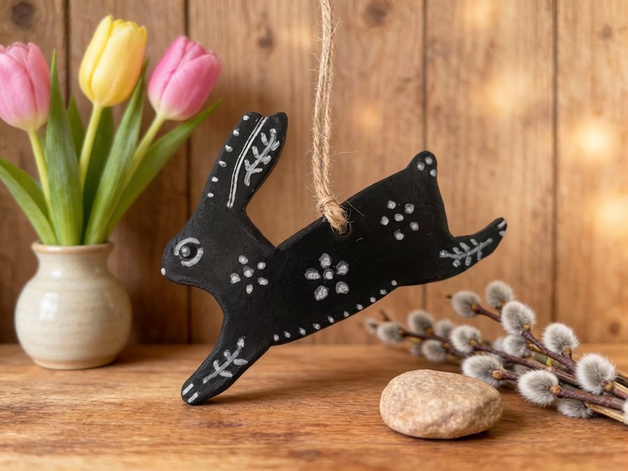 Folk Art Black and White Air Dry Clay Leaping Hare Rabbit Hanging Ornament