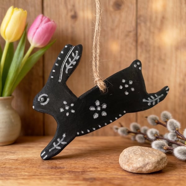 Folk Art Black and White Air Dry Clay Leaping Hare Rabbit Hanging Ornament