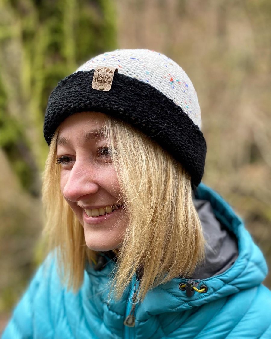Fisherman style beanie hat in black and colour speckled white wool (unisex)