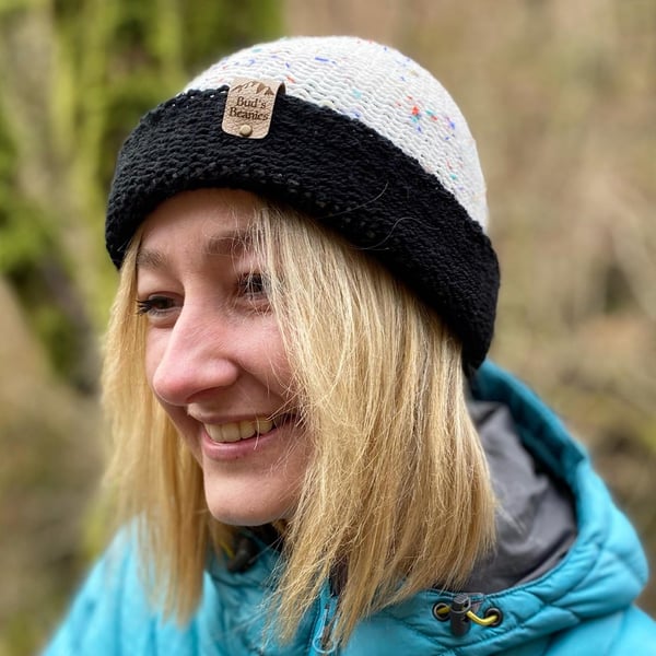 Fisherman style beanie hat in black and colour speckled white wool (unisex)