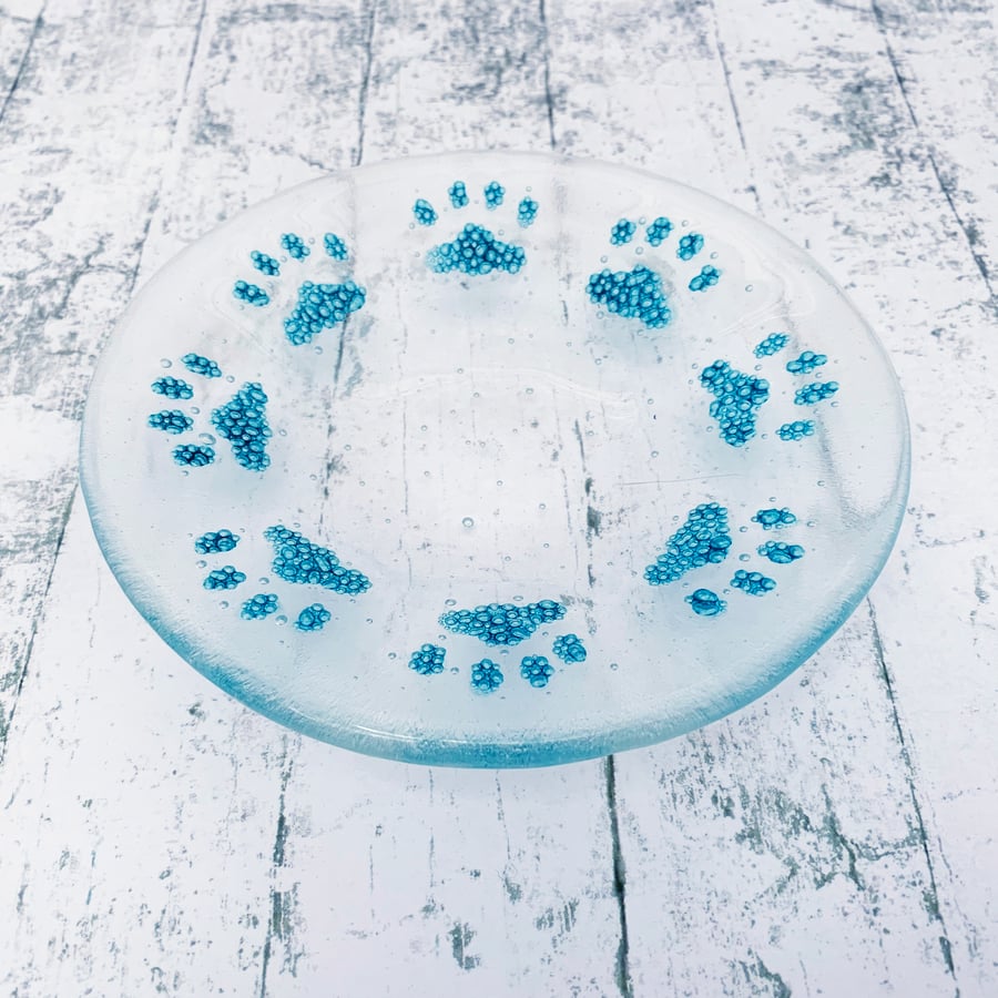 Fused Glass Bubbly Pawprint Dish - Handmade Fused Glass Dish