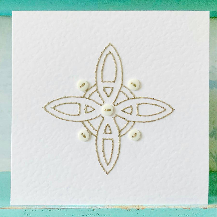 Hand Sewn Celtic Knot Card. Witches Knot. Embroidered Card. Stitched Card.