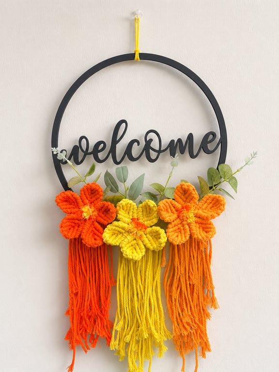 Macrame Orange Welcome Sign – Boho Floral Wreath