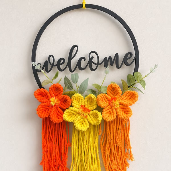 Macrame Orange Welcome Sign – Boho Floral Wreath