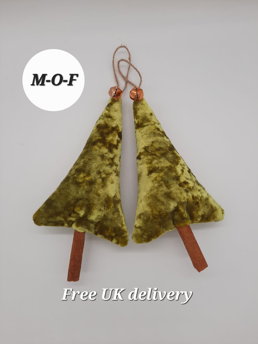 Yellow velvet cinnamon Christmas tree pair with bells.