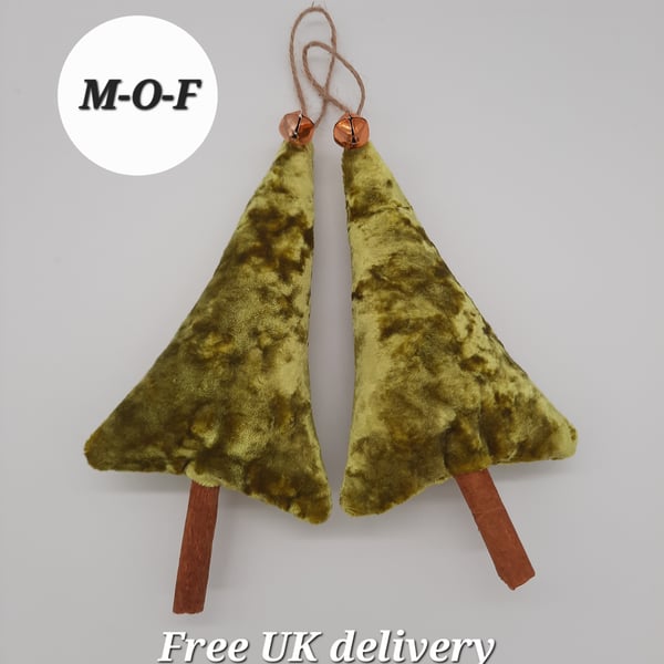 Yellow velvet cinnamon Christmas tree pair with bells.