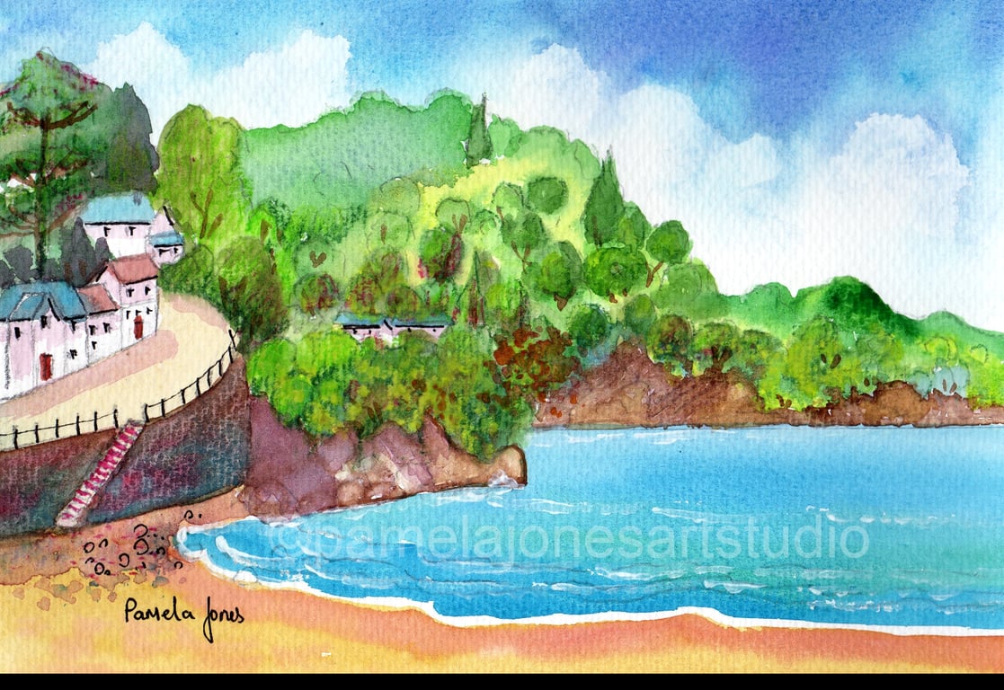 Combe Martin Bay, Devon, Watercolour Print, in 14 x 11 '' Mount