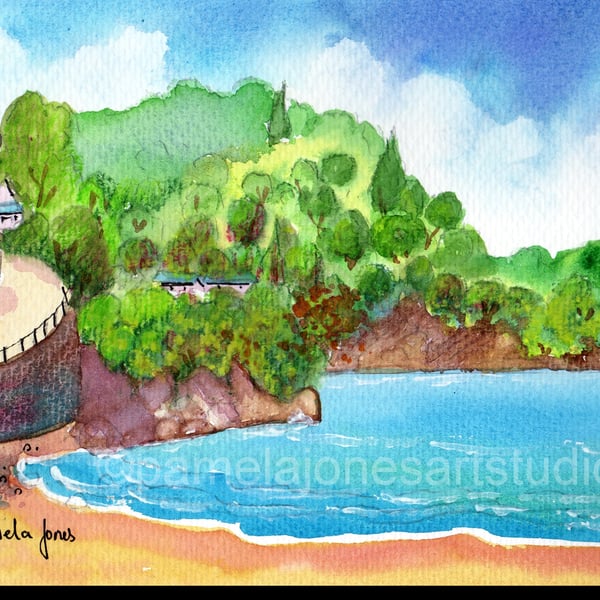 Combe Martin Bay, Devon, Watercolour Print, in 14 x 11 '' Mount