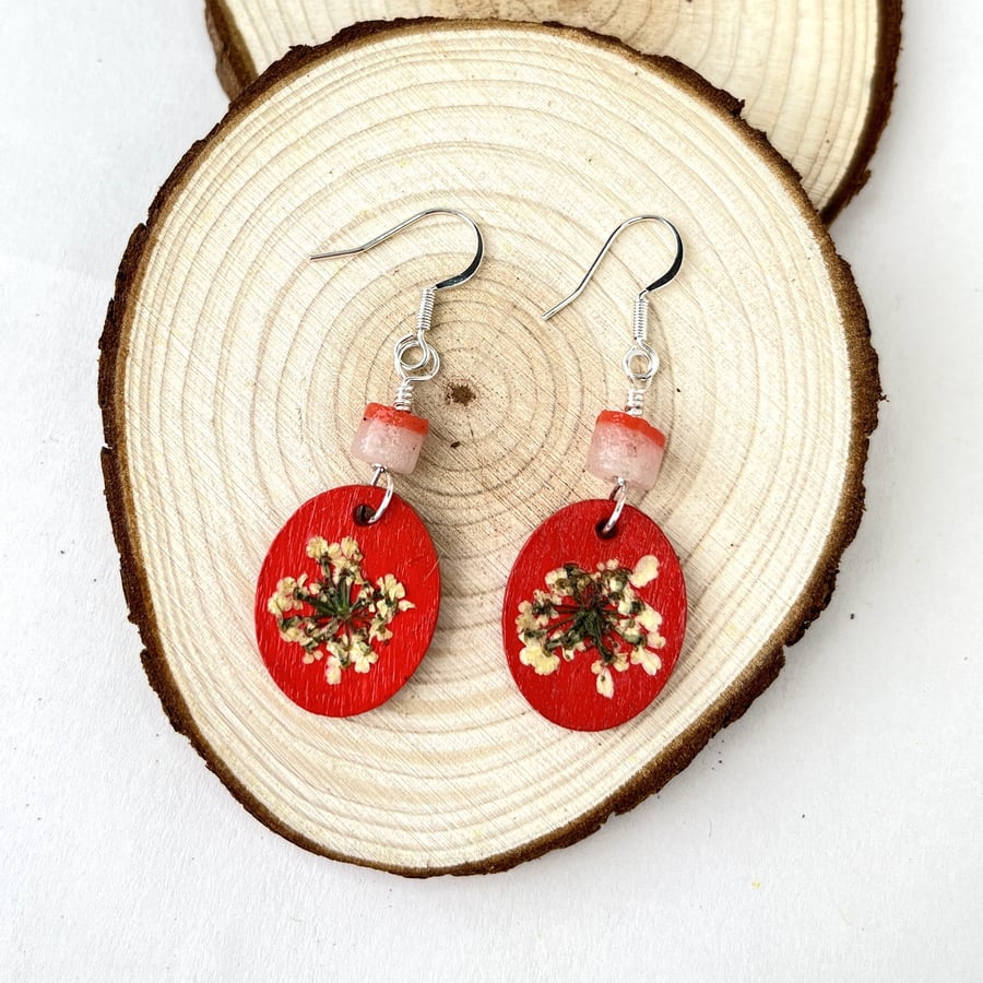 Real Pressed Cow Parsley Red Sliver Plated Dangle Wood and Bead Earrings