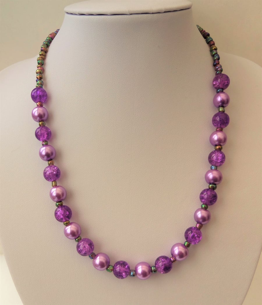 Orchid purple glass bead and metallic rainbow seed bead necklace