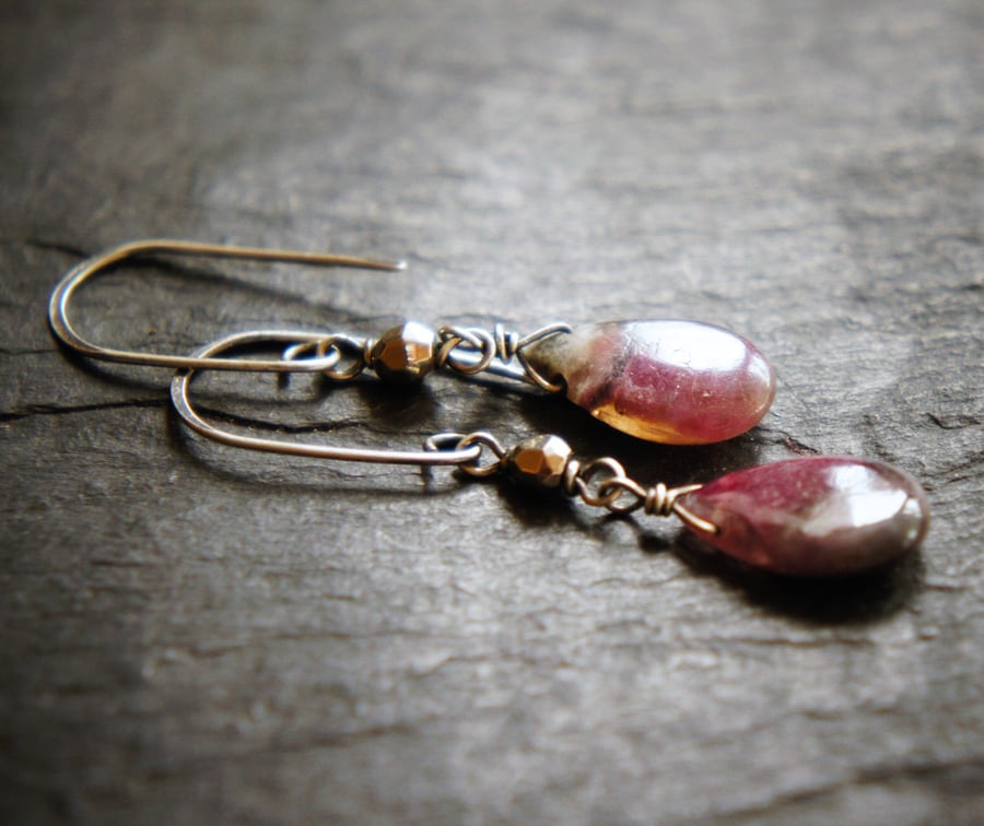 Pyrite, Watermelon Tourmaline and Sterling Silver Dangle Earrings