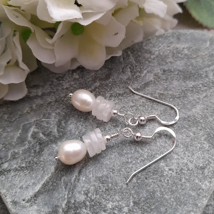 Sterling Silver Pearl and Moonstone Gemstone Earrings Junes Birthstone