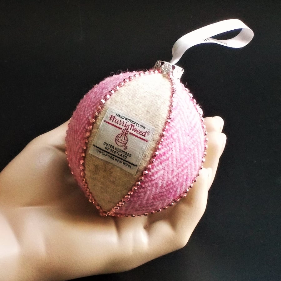 Harris tweed bauble Christmas tree decoration pink and cream herringbone fabric