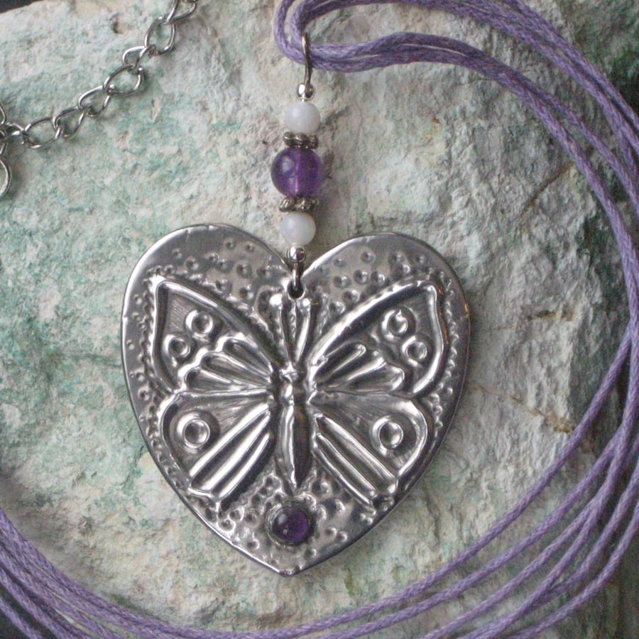 Reduced! Amethyst butterfly necklace in silver pewter