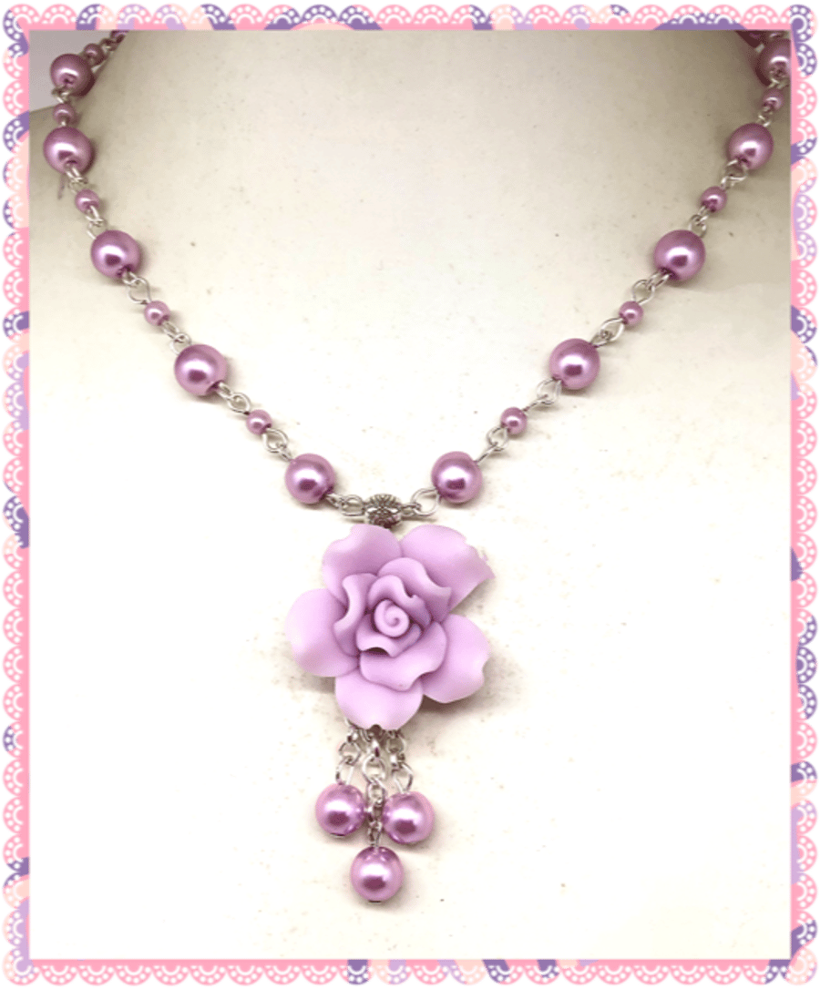 One of a Kind Pink Polymer Rose shorter length necklace