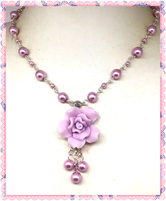 One of a Kind Pink Polymer Rose shorter length necklace
