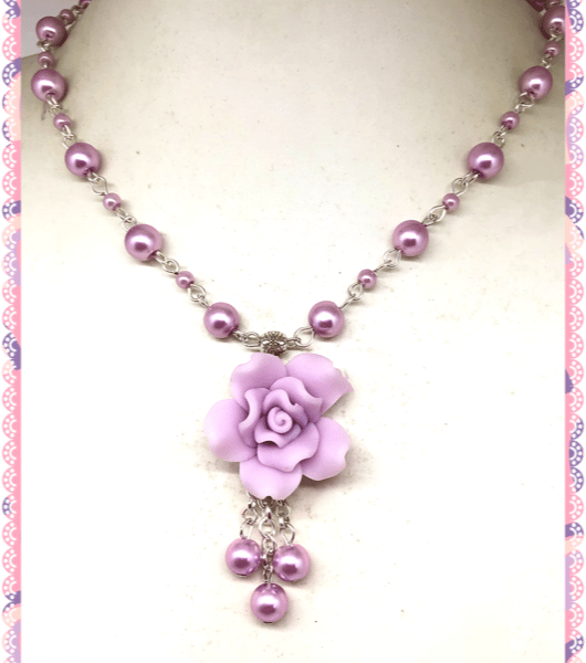 One of a Kind Pink Polymer Rose shorter length necklace