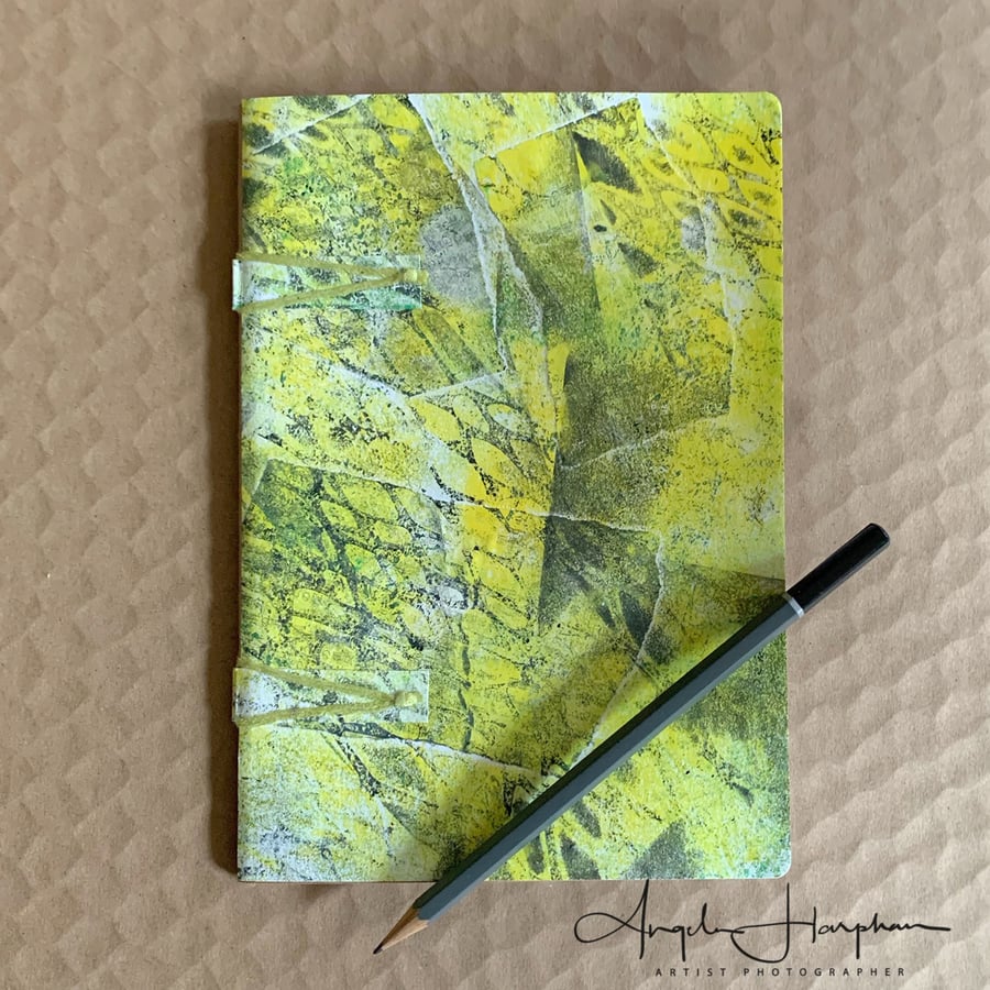 Hand Stitched Sketch Book A5 - Eco Friendly - Grey Yellow Monoprints and Collage