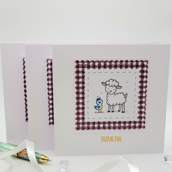 Thank You Greeting Card Set - 3 Note Cards  - Sheep and Bird