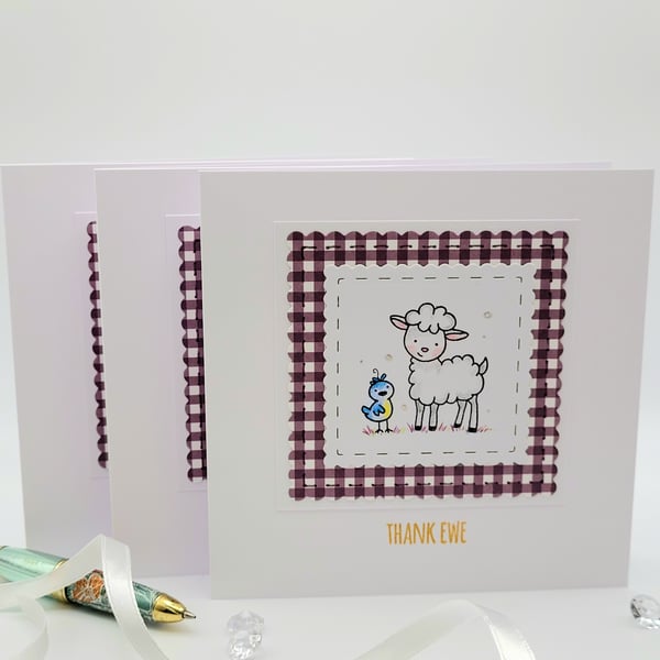 Thank You Cards - Set of 3 Cards, Sheep, Bird