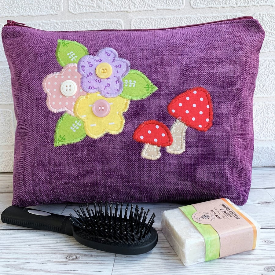 SALE Purple Toiletry Bag with Mushrooms and Flowers
