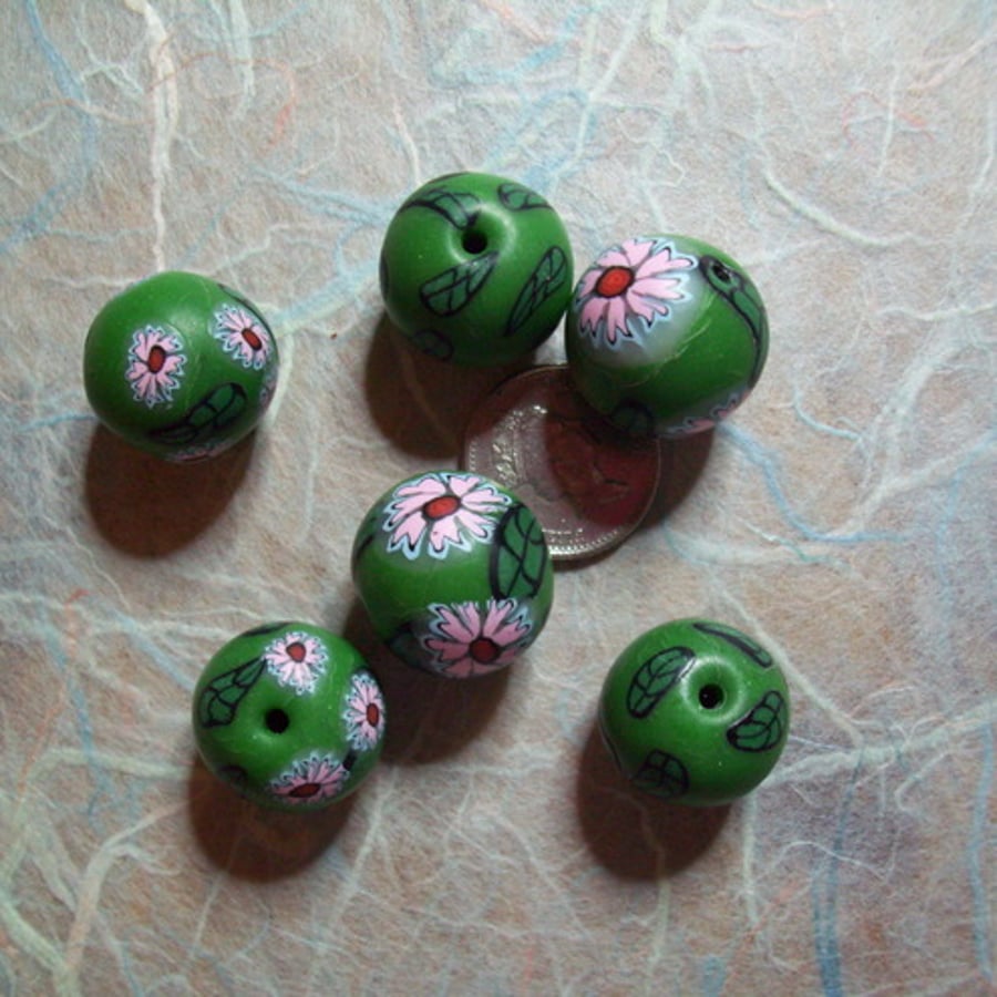 Round Art Beads - Leaves & Flowers x 6