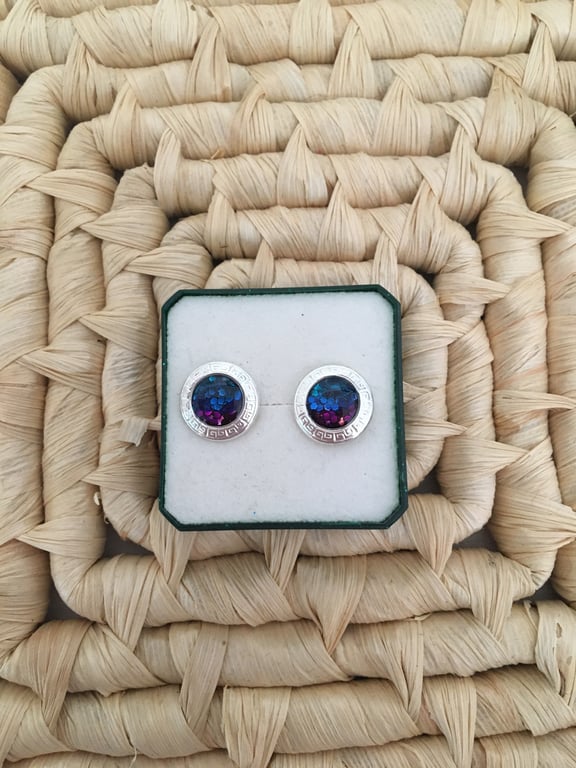 Round Scroll Edged Tri-Colour Stud Earrings 